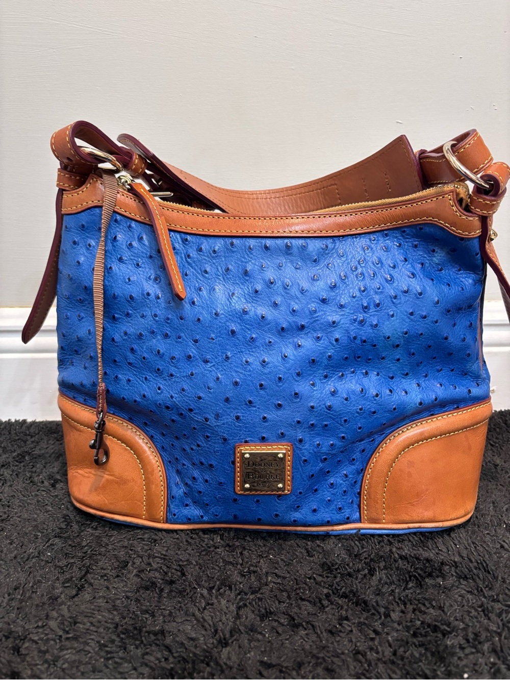 Dooney & Bourke Ostrich-Embossed Leather Hobo Shoulder Bag - Blue/Brown